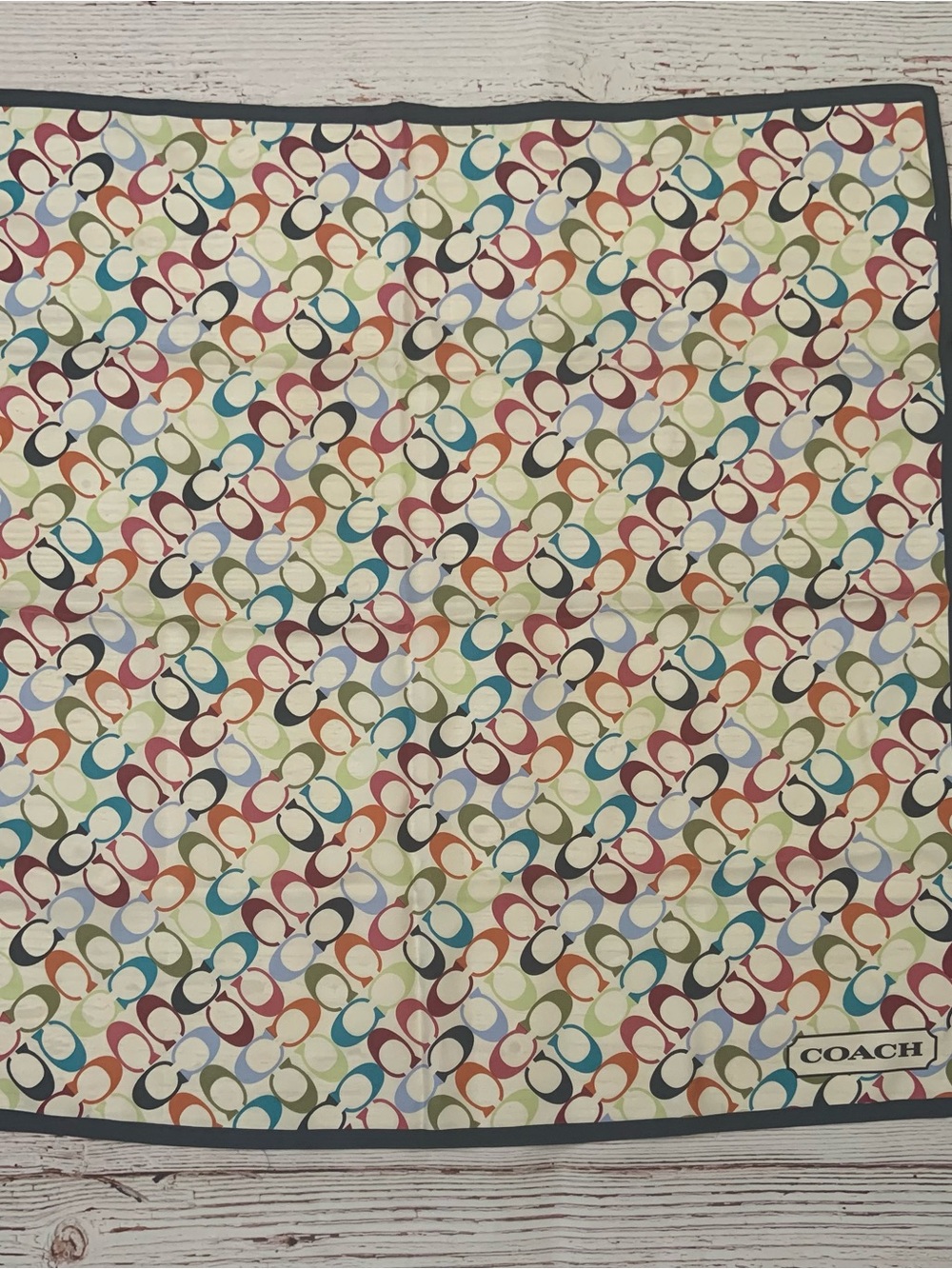 Coach Signature Monogram Multicolor 'C'  Square Scarf with Dark Trim